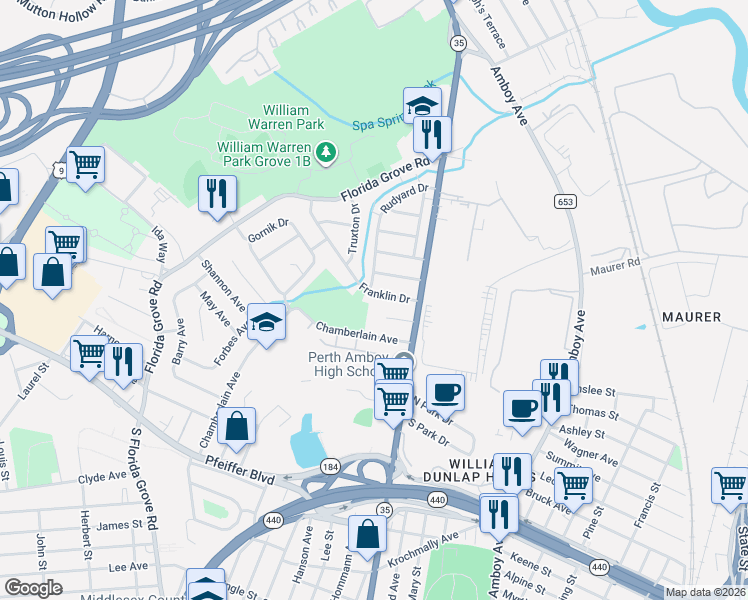 map of restaurants, bars, coffee shops, grocery stores, and more near 643 Kelly Avenue in Perth Amboy