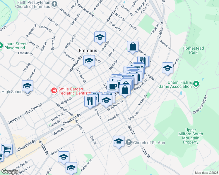 map of restaurants, bars, coffee shops, grocery stores, and more near 423 Ridge Street in Emmaus
