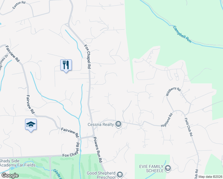 map of restaurants, bars, coffee shops, grocery stores, and more near 1094 Fox Chapel Road in Pittsburgh