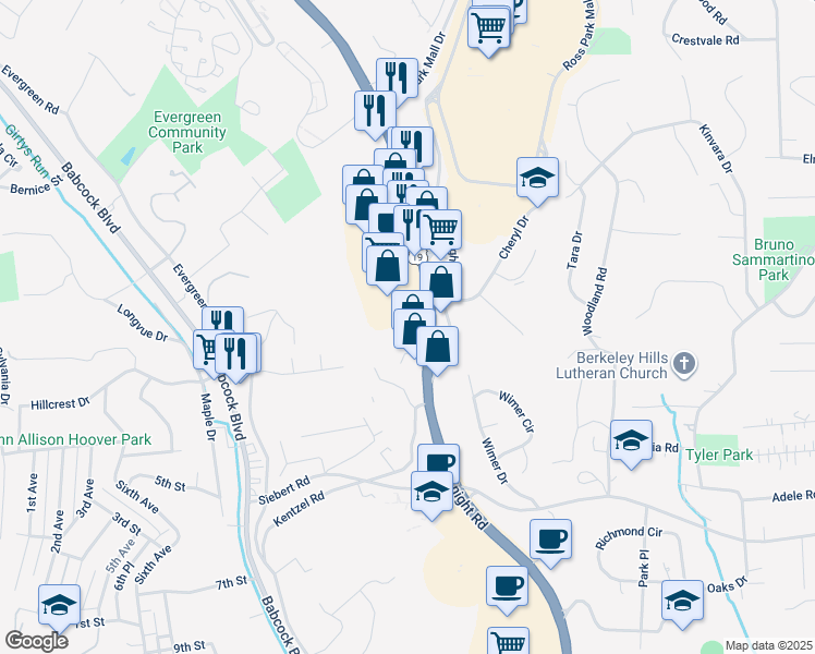 map of restaurants, bars, coffee shops, grocery stores, and more near 7209-7215 McKnight Road in Ross Township