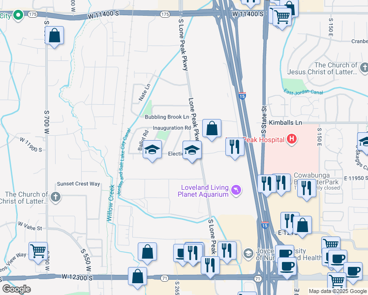 map of restaurants, bars, coffee shops, grocery stores, and more near 11880 Landou Drive in Draper