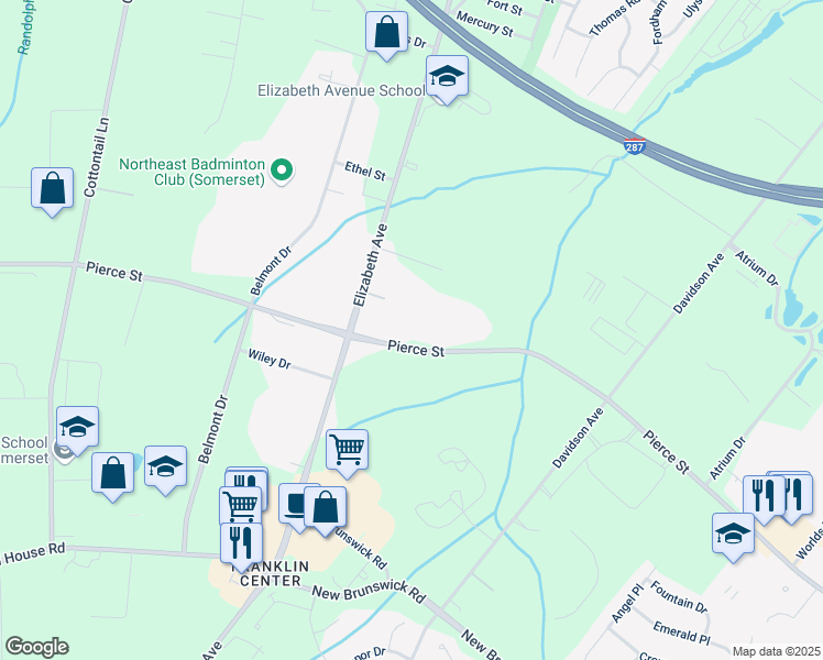 map of restaurants, bars, coffee shops, grocery stores, and more near 199 Pierce Street in Franklin Township