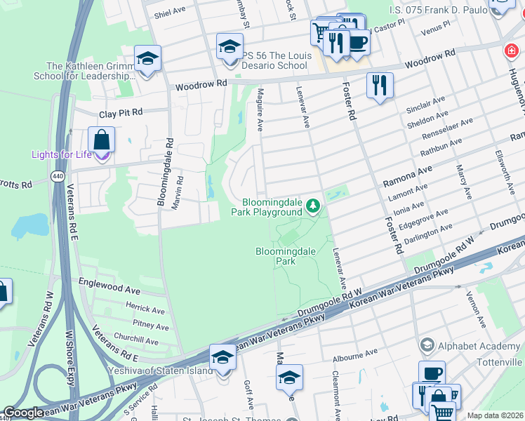 map of restaurants, bars, coffee shops, grocery stores, and more near 123 Santa Monica Lane in Staten Island