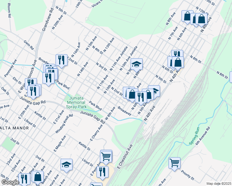map of restaurants, bars, coffee shops, grocery stores, and more near 815 North 2nd Street in Altoona