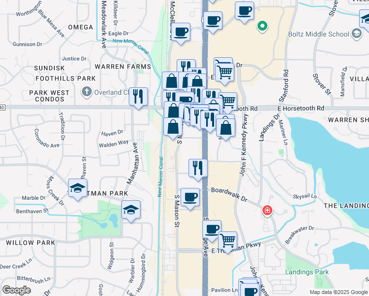 map of restaurants, bars, coffee shops, grocery stores, and more near 3750 South Mason Street in Fort Collins