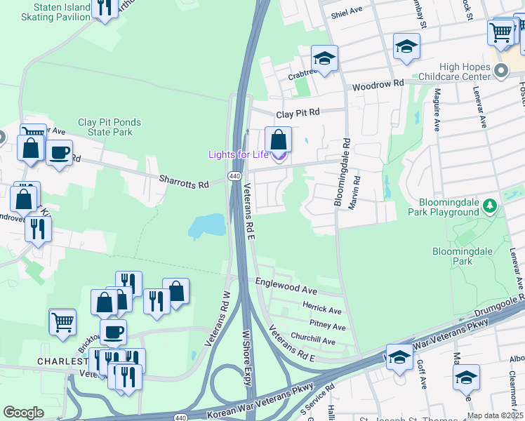 map of restaurants, bars, coffee shops, grocery stores, and more near 57 Darnell Lane in Staten Island
