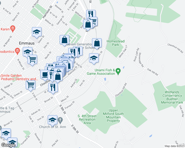 map of restaurants, bars, coffee shops, grocery stores, and more near 229 South 2nd Street in Emmaus