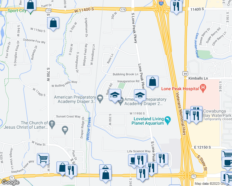 map of restaurants, bars, coffee shops, grocery stores, and more near 11875 Poultry Drive in Draper