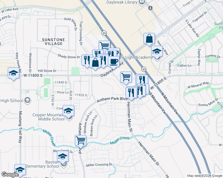 map of restaurants, bars, coffee shops, grocery stores, and more near 11882 Black Hills Lane in Herriman