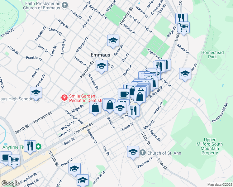map of restaurants, bars, coffee shops, grocery stores, and more near 102 North 5th Street in Emmaus