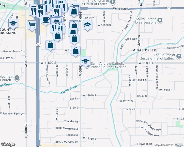 map of restaurants, bars, coffee shops, grocery stores, and more near 3513 Melody Creek Circle in Riverton