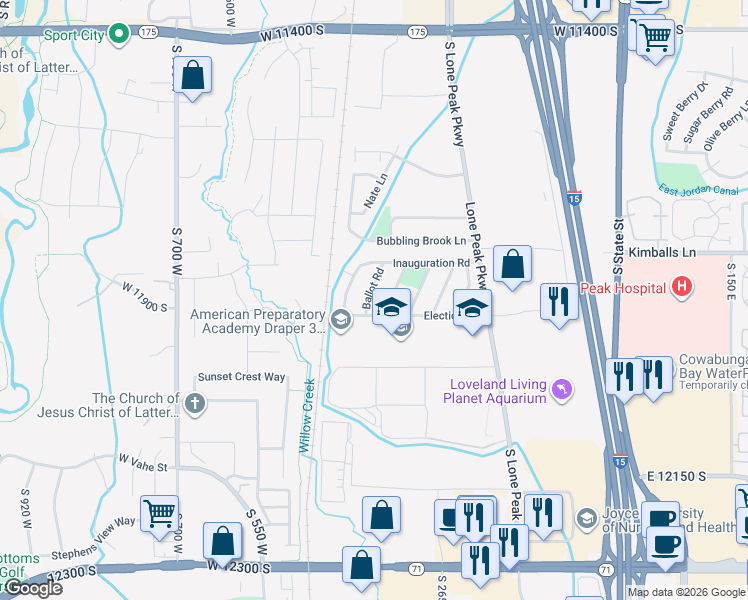 map of restaurants, bars, coffee shops, grocery stores, and more near 11845 Ballot Road in Draper