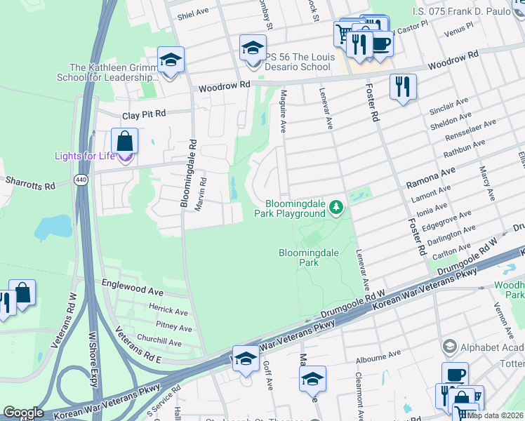 map of restaurants, bars, coffee shops, grocery stores, and more near 126 El Camino Loop in Staten Island