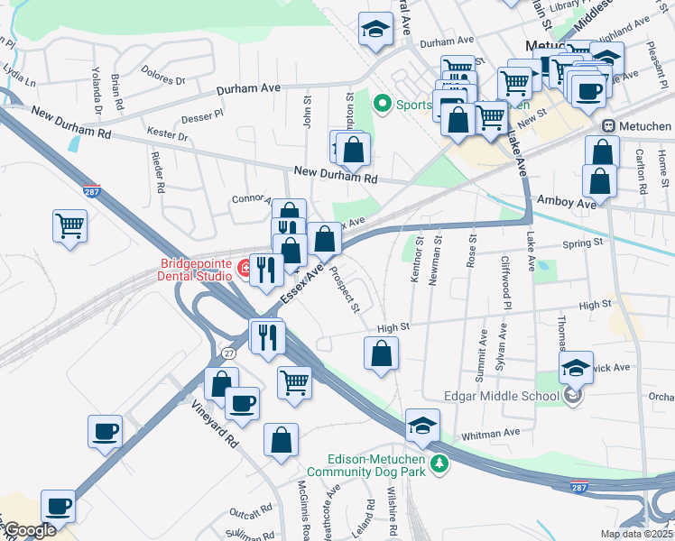 map of restaurants, bars, coffee shops, grocery stores, and more near 2 Prospect Street in Metuchen