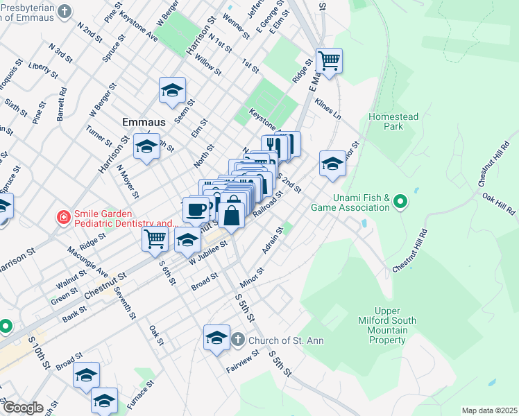 map of restaurants, bars, coffee shops, grocery stores, and more near 238 Railroad Street in Emmaus
