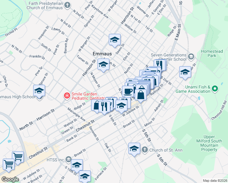 map of restaurants, bars, coffee shops, grocery stores, and more near 124 North 5th Street in Emmaus