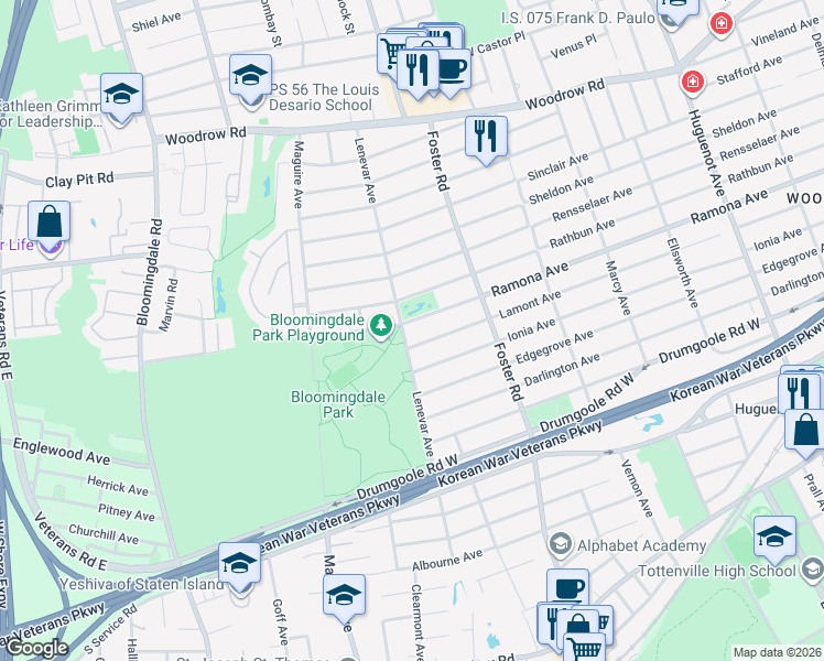 map of restaurants, bars, coffee shops, grocery stores, and more near 668 Ramona Avenue in Staten Island