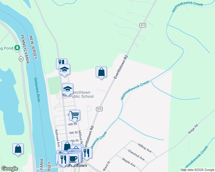 map of restaurants, bars, coffee shops, grocery stores, and more near 57 Everittstown Road in Frenchtown