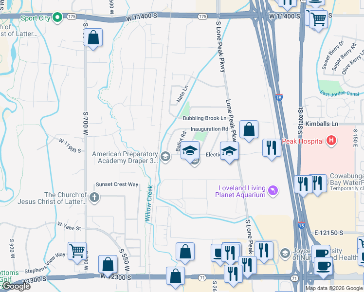 map of restaurants, bars, coffee shops, grocery stores, and more near 11845 Ballot Road in Draper