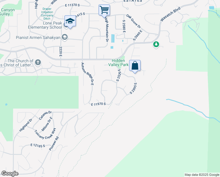 map of restaurants, bars, coffee shops, grocery stores, and more near 2485 East 11890 South in Sandy