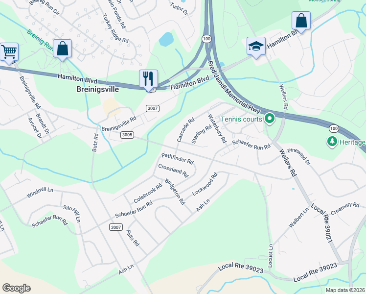 map of restaurants, bars, coffee shops, grocery stores, and more near 8705 Mayfair Court in Breinigsville