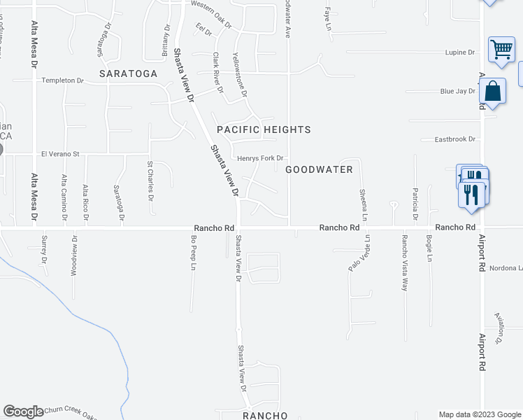 map of restaurants, bars, coffee shops, grocery stores, and more near 5009 Lost Creek Court in Redding