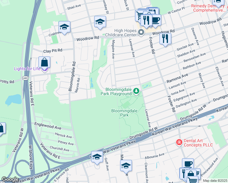map of restaurants, bars, coffee shops, grocery stores, and more near 115 Santa Monica Lane in Staten Island