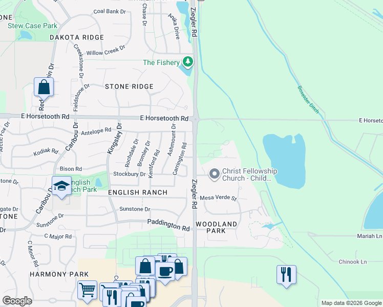 map of restaurants, bars, coffee shops, grocery stores, and more near 3025 Carrington Court in Fort Collins
