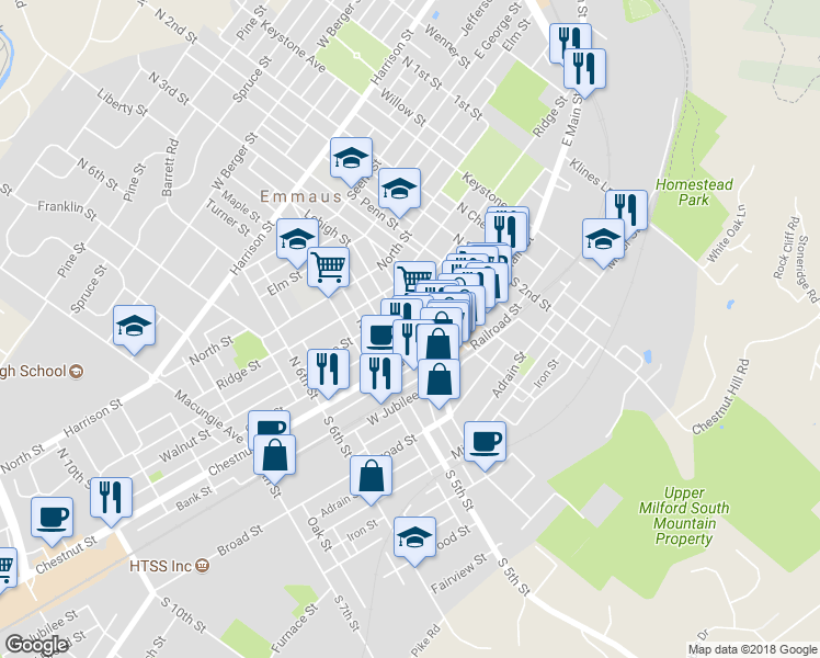 map of restaurants, bars, coffee shops, grocery stores, and more near 431 Green Street in Emmaus