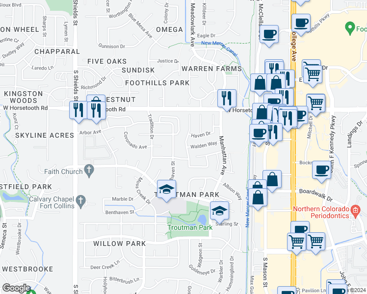 map of restaurants, bars, coffee shops, grocery stores, and more near 3737 Rockaway Street in Fort Collins