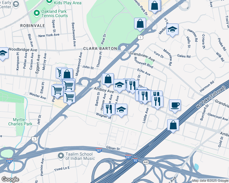 map of restaurants, bars, coffee shops, grocery stores, and more near 1 Lafayette Avenue in Edison