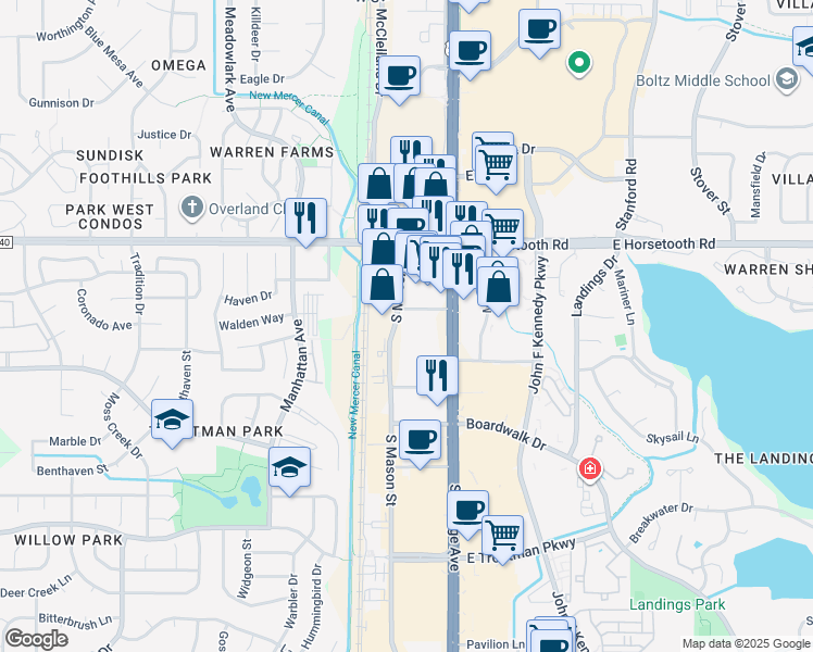 map of restaurants, bars, coffee shops, grocery stores, and more near 3737 South Mason Street in Fort Collins