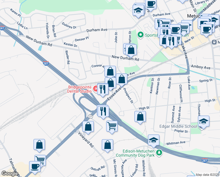 map of restaurants, bars, coffee shops, grocery stores, and more near 215 Bridge Street in Metuchen