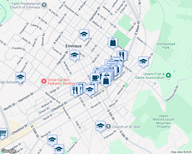 map of restaurants, bars, coffee shops, grocery stores, and more near 423 Ridge Street in Emmaus