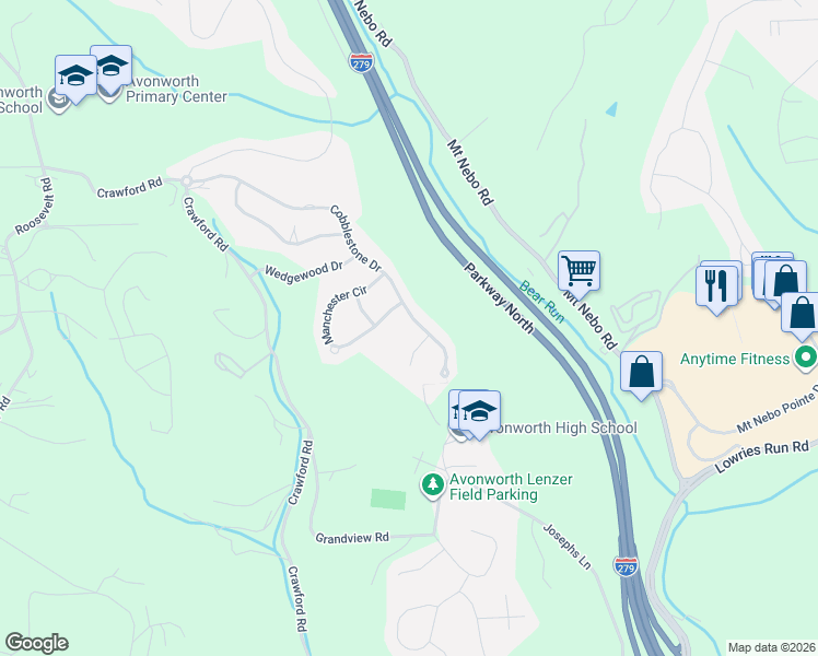 map of restaurants, bars, coffee shops, grocery stores, and more near 229 Cobblestone Drive in Pittsburgh