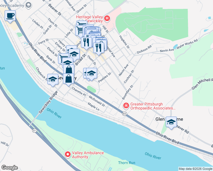 map of restaurants, bars, coffee shops, grocery stores, and more near 823 Thorn Street in Sewickley
