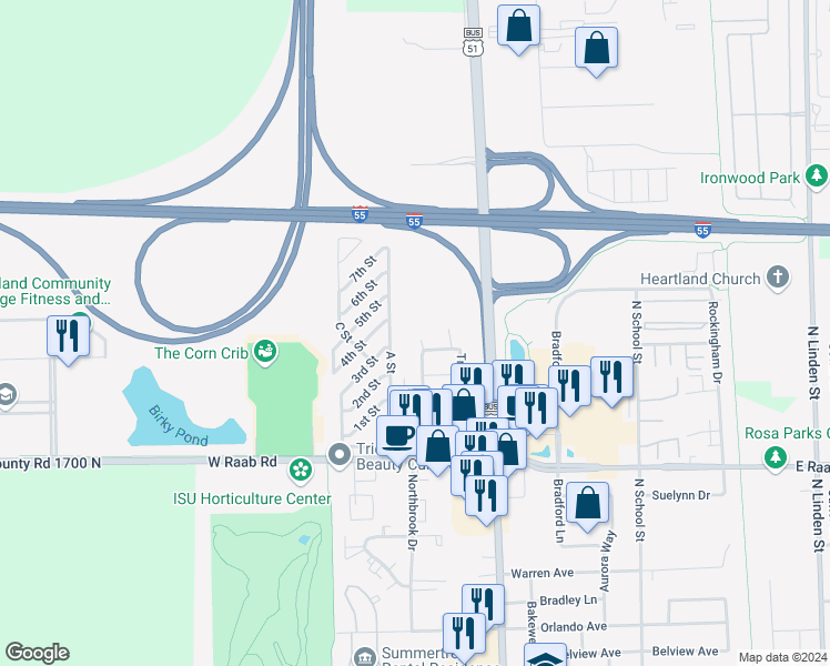 map of restaurants, bars, coffee shops, grocery stores, and more near 1806 A Street in Normal