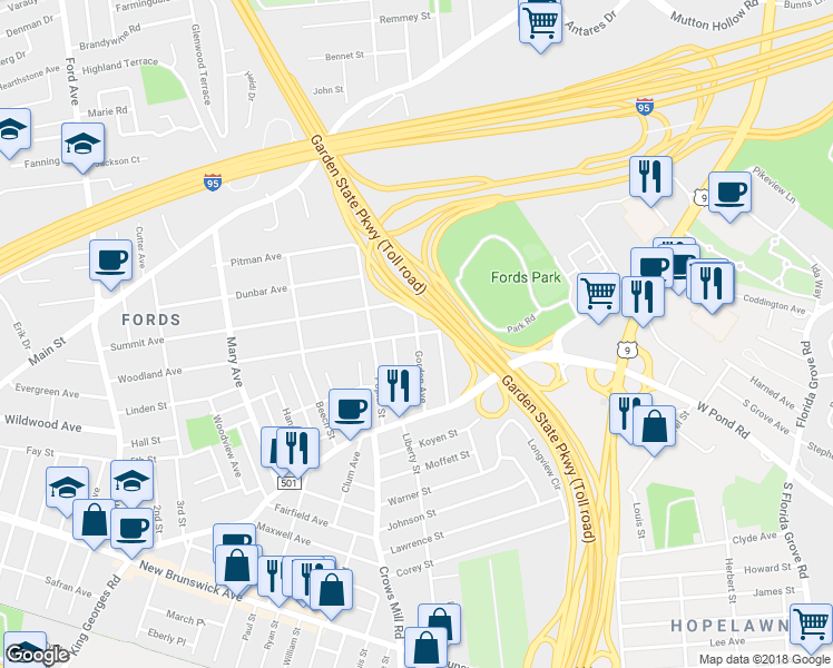 map of restaurants, bars, coffee shops, grocery stores, and more near 73 Gordon Avenue in Woodbridge Township