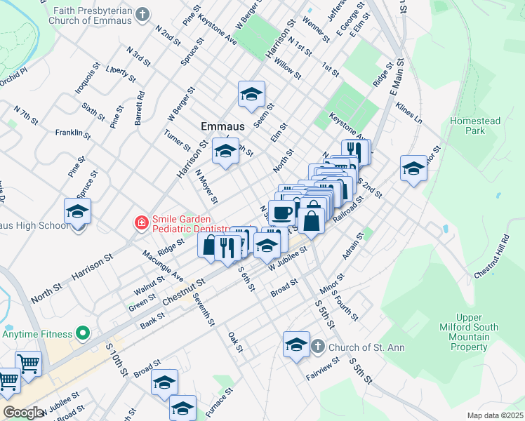 map of restaurants, bars, coffee shops, grocery stores, and more near 102 North 5th Street in Emmaus