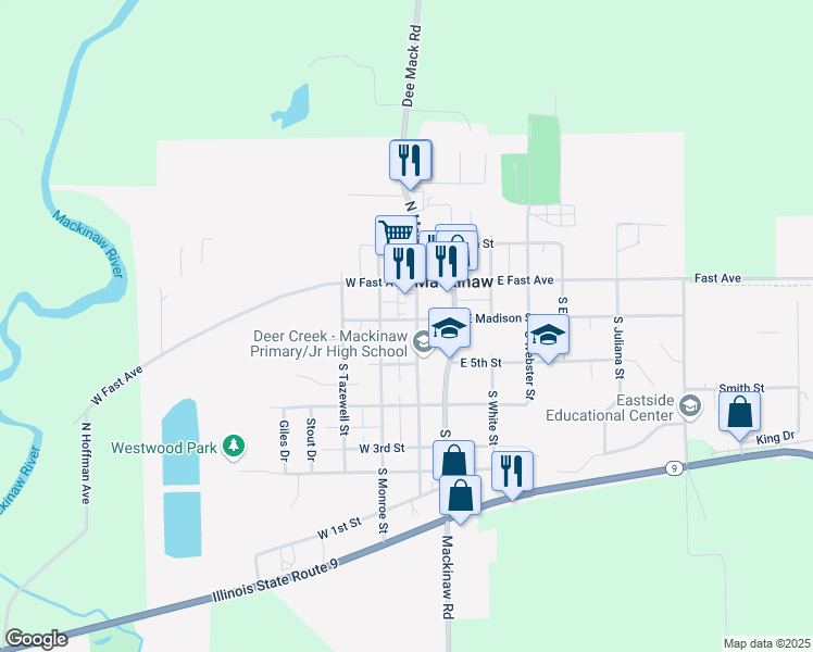 map of restaurants, bars, coffee shops, grocery stores, and more near 116 South Main Street in Mackinaw