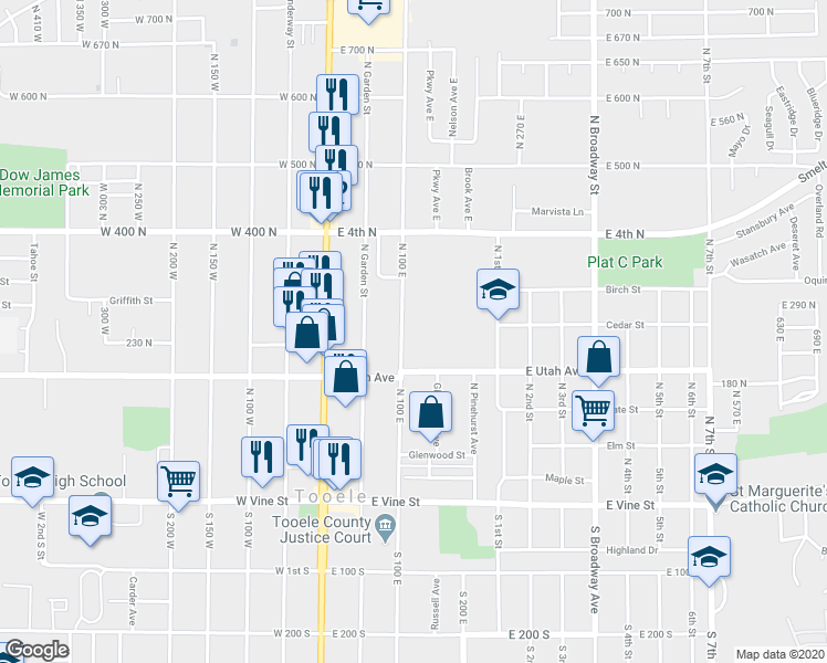 map of restaurants, bars, coffee shops, grocery stores, and more near 260 North 100 East in Tooele