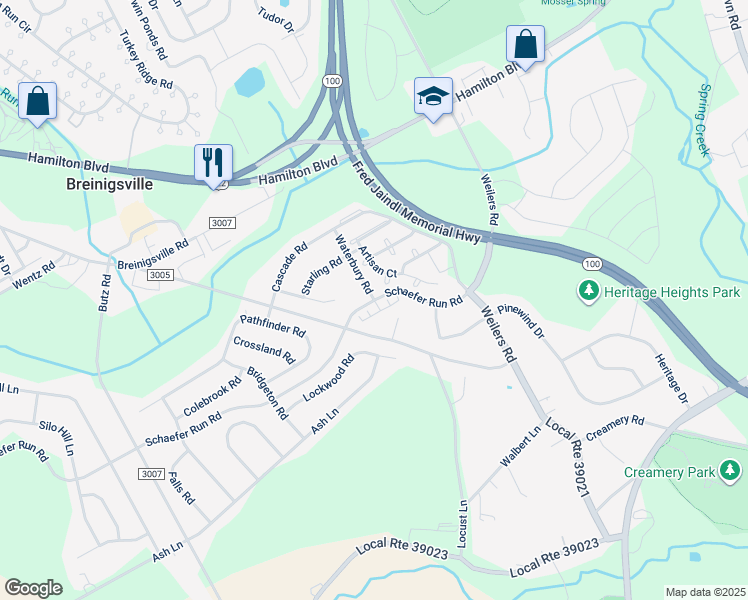 map of restaurants, bars, coffee shops, grocery stores, and more near 8500 Scheafer Run Road in Breinigsville