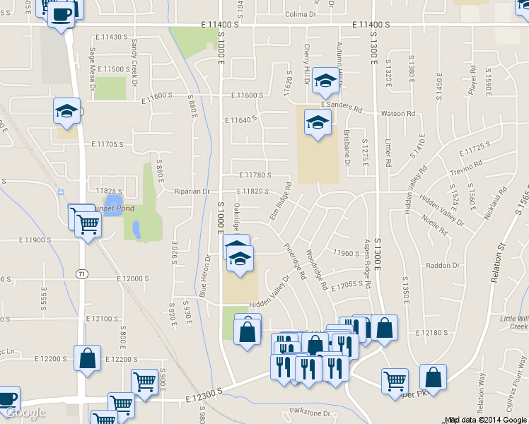 map of restaurants, bars, coffee shops, grocery stores, and more near 1080 East 11860 South in Sandy