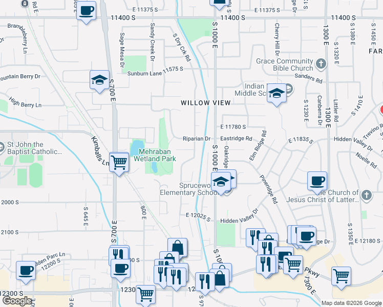 map of restaurants, bars, coffee shops, grocery stores, and more near 942 Curlew Circle in Draper