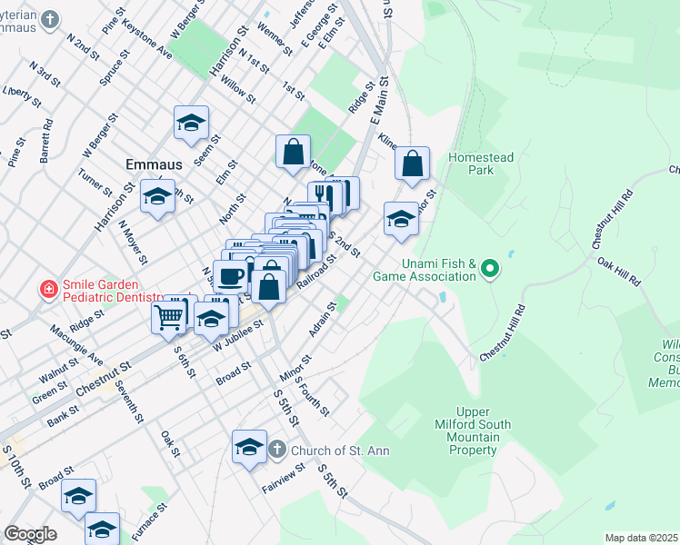 map of restaurants, bars, coffee shops, grocery stores, and more near 38 Broom Street in Emmaus