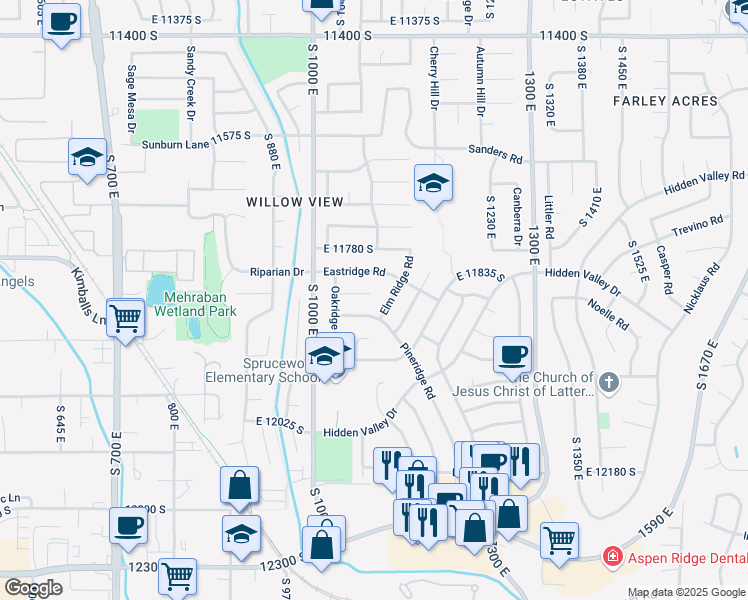 map of restaurants, bars, coffee shops, grocery stores, and more near 1080 East 11860 South in Sandy