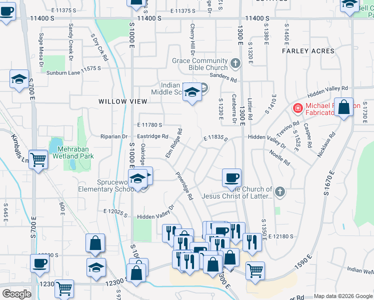 map of restaurants, bars, coffee shops, grocery stores, and more near 11845 Maple Ridge Circle in Sandy