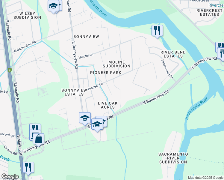map of restaurants, bars, coffee shops, grocery stores, and more near 5709 Fagan Drive in Redding