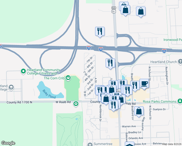 map of restaurants, bars, coffee shops, grocery stores, and more near 855 6th Street in Normal