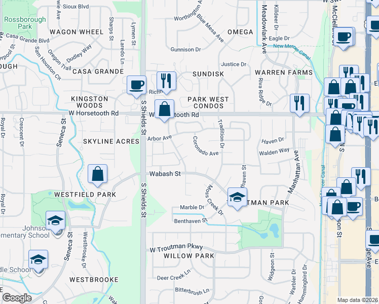 map of restaurants, bars, coffee shops, grocery stores, and more near 3737 Coronado Avenue in Fort Collins